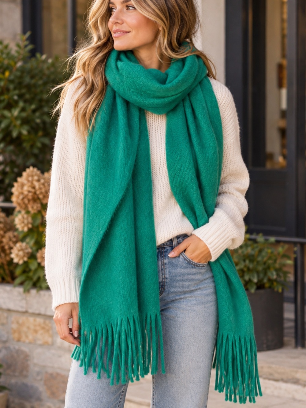 Anthropologie Teal Fringe Wrap Scarf NEW